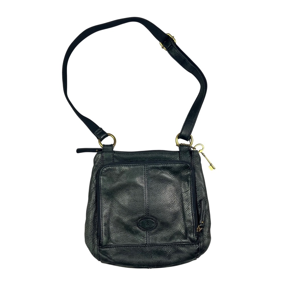 Fossil Black Pebbled Leather Crossbody Bag Organizer Messenger Key Charm